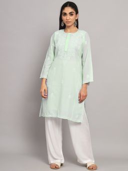 PARAMOUNT CHIKAN - Women's Green Hand Embroidered Chikankari Cotton Straight Kurta