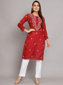 PARAMOUNT CHIKAN - Women's Maroon Hand Embroidered Chikankari Cotton Straight Kurta