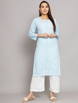 PARAMOUNT CHIKAN - Women's Blue Hand Embroidered Chikankari Cotton Straight Kurta