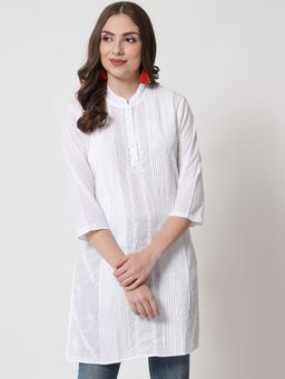 PARAMOUNT CHIKAN - Women's White Hand Embroidered Lucknowi Chikankari Cotton Kurti