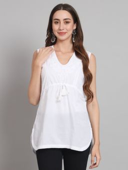 PARAMOUNT CHIKAN - Women's White Hand Embroidered Lucknowi Chikankari Cotton Tunic