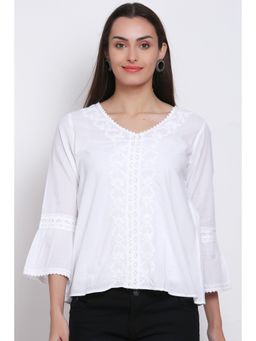 PARAMOUNT CHIKAN - Women's White Hand Embroidered Lucknowi Chikankari Cotton Top