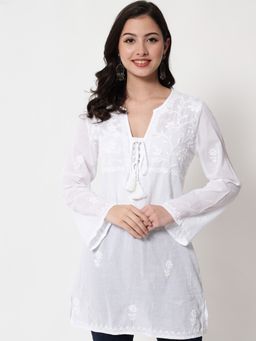 PARAMOUNT CHIKAN - Women's White Ethnic Motifs Hand Embroidered Chikankari Cotton Tunic