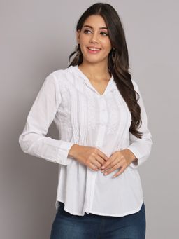 PARAMOUNT CHIKAN - Women's White Hand Embroidered Chikankari Cotton Hooded Casual Shirt