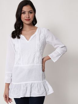 PARAMOUNT CHIKAN - Women's White Hand Embroidered Chikankari Cotton Tunic