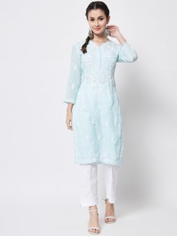 PARAMOUNT CHIKAN - Women's Blue Hand Embroidered Chikankari Cotton Straight Kurta