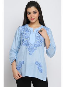 PARAMOUNT CHIKAN - Women's Blue Hand Embroidered Chikankari Cotton Straight Short Tunic