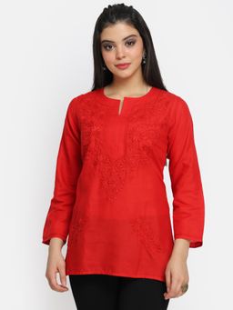 PARAMOUNT CHIKAN - Women's Red Hand Embroidered Chikankari Cotton Straight Short Tunic