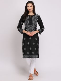 PARAMOUNT CHIKAN - Women's Black Hand Embroidered Chikankari Cotton Straight Kurta