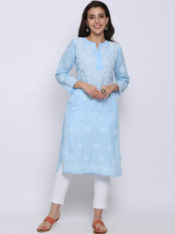 PARAMOUNT CHIKAN - Women's Blue Hand Embroidered Chikankari Cotton Straight Kurta