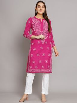 PARAMOUNT CHIKAN - Women's Magenta Hand Embroidered Chikankari Cotton Straight Kurta