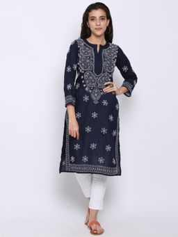 PARAMOUNT CHIKAN - Women's Navy Blue Hand Embroidered Chikankari Cotton Straight Kurta