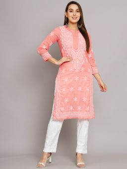 PARAMOUNT CHIKAN - Women's Peach Hand Embroidered Chikankari Cotton Straight Kurta