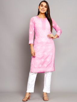 PARAMOUNT CHIKAN - Women's Pink Hand Embroidered Chikankari Cotton Straight Kurta