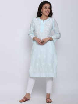 PARAMOUNT CHIKAN - Women's Blue Hand Embroidered Chikankari Cotton Straight Kurta