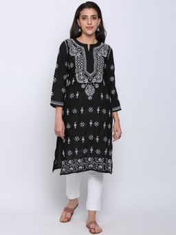 PARAMOUNT CHIKAN - Women's Black Hand Embroidered Chikankari Cotton Straight Kurta