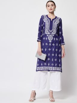 PARAMOUNT CHIKAN - Women's Blue Hand Embroidered Chikankari Cotton Straight Kurta