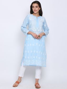PARAMOUNT CHIKAN - Women's Blue Hand Embroidered Chikankari Cotton Straight Kurta