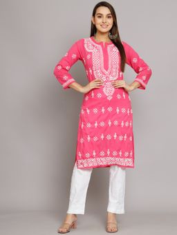 PARAMOUNT CHIKAN - Women's Pink Hand Embroidered Chikankari Cotton Straight Kurta