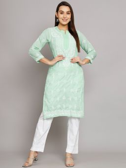 PARAMOUNT CHIKAN - Women's Green Hand Embroidered Chikankari Cotton Straight Kurta