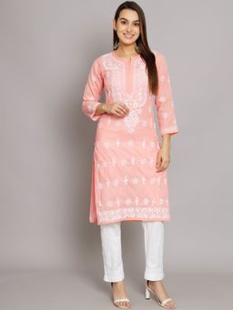 PARAMOUNT CHIKAN - Women's Peach Hand Embroidered Chikankari Cotton Straight Kurta