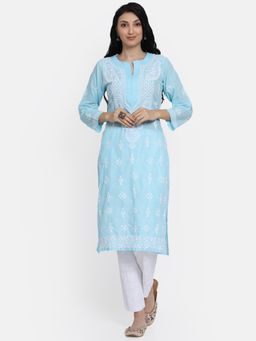 PARAMOUNT CHIKAN - Women's Blue Hand Embroidered Chikankari Cotton Straight Kurta