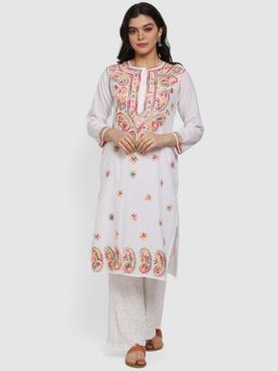 PARAMOUNT CHIKAN - Women's White Hand Embroidered Chikankari Cotton Straight Kurta