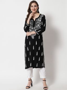 PARAMOUNT CHIKAN - Women's Black Hand Embroidered Chikankari Rayon Straight Kurta
