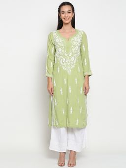 PARAMOUNT CHIKAN - Women's Green Hand Embroidered Chikankari Rayon Straight Kurta