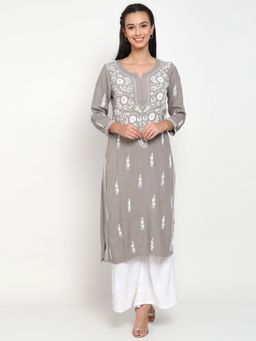 PARAMOUNT CHIKAN - Women's Grey Hand Embroidered Chikankari Rayon Straight Kurta