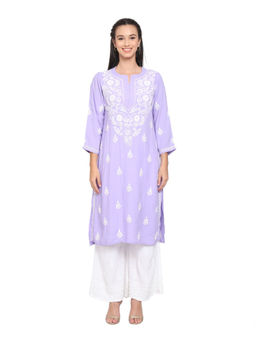 PARAMOUNT CHIKAN - Women's Lavender Hand Embroidered Chikankari Rayon Straight Kurta