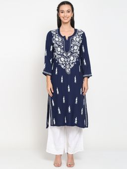 PARAMOUNT CHIKAN - Women's Navy Blue Hand Embroidered Chikankari Rayon Straight Kurta