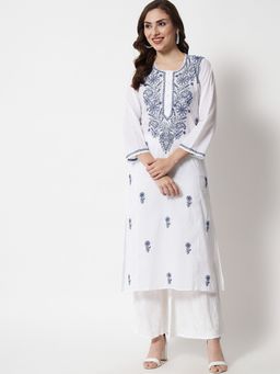 PARAMOUNT CHIKAN - Women's Blue Hand Embroidered Chikankari Cotton Straight Kurta