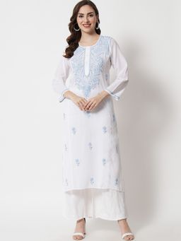 PARAMOUNT CHIKAN - Women's Blue Hand Embroidered Chikankari Cotton Straight Kurta