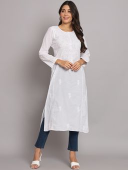 PARAMOUNT CHIKAN - Women's White Hand Embroidered Chikankari Cotton Straight Kurta