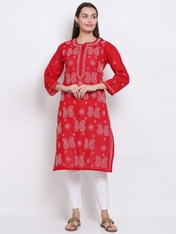 PARAMOUNT CHIKAN - Women's Red Hand Embroidered Chikankari Cotton Straight Kurta