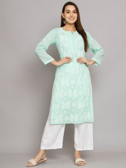 PARAMOUNT CHIKAN - Women's Green Hand Embroidered Chikankari Cotton Straight Kurta