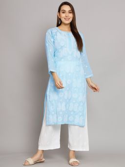 PARAMOUNT CHIKAN - Women's Blue Hand Embroidered Chikankari Cotton Straight Kurta