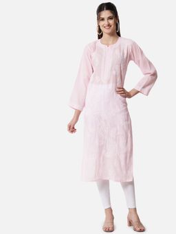 PARAMOUNT CHIKAN - Women's Pink Hand Embroidered Chikankari Cotton Straight Kurta
