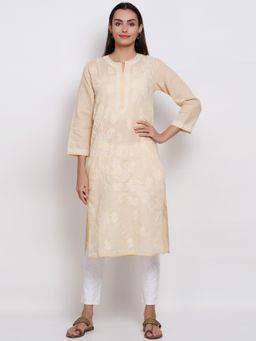 PARAMOUNT CHIKAN - Women's Beige Hand Embroidered Chikankari Cotton Straight Kurta