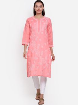 PARAMOUNT CHIKAN - Women's Coral Hand Embroidered Chikankari Cotton Straight Kurta