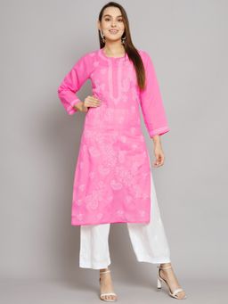 PARAMOUNT CHIKAN - Women's Pink Hand Embroidered Chikankari Cotton Straight Kurta