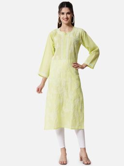 PARAMOUNT CHIKAN - Women's Green Hand Embroidered Chikankari Cotton Straight Kurta