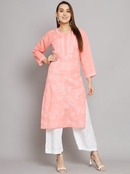 PARAMOUNT CHIKAN - Women's Peach Hand Embroidered Chikankari Cotton Straight Kurta