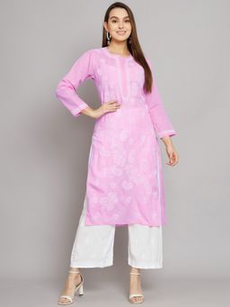 PARAMOUNT CHIKAN - Women's Pink Hand Embroidered Chikankari Cotton Straight Kurta