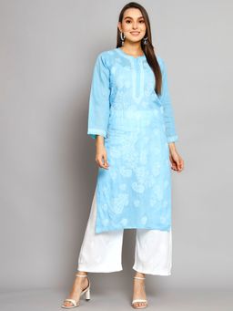 PARAMOUNT CHIKAN - Women's Blue Hand Embroidered Chikankari Cotton Straight Kurta