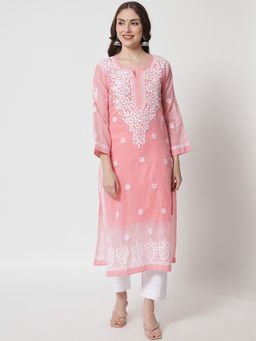 PARAMOUNT CHIKAN - Women's Coral Hand Embroidered Chikankari Kota Kurta & Inner (Set of 2)