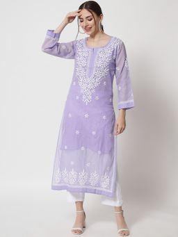 PARAMOUNT CHIKAN - Women's Lavender Hand Embroidered Chikankari Kota Kurta & Inner (Set of 2)