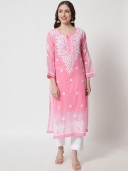 PARAMOUNT CHIKAN - Women's Pink Hand Embroidered Chikankari Kota Kurta & Inner (Set of 2)