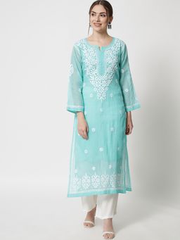 PARAMOUNT CHIKAN - Women's Green Hand Embroidered Chikankari Kota Kurta & Inner (Set of 2)